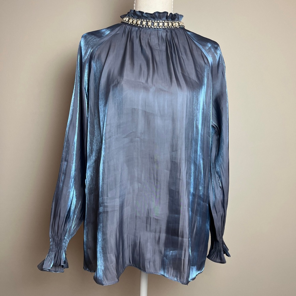 Modalinda Metallic Blue Embellished Mock Neck Blouse Smocked Cuff Top Size 38
